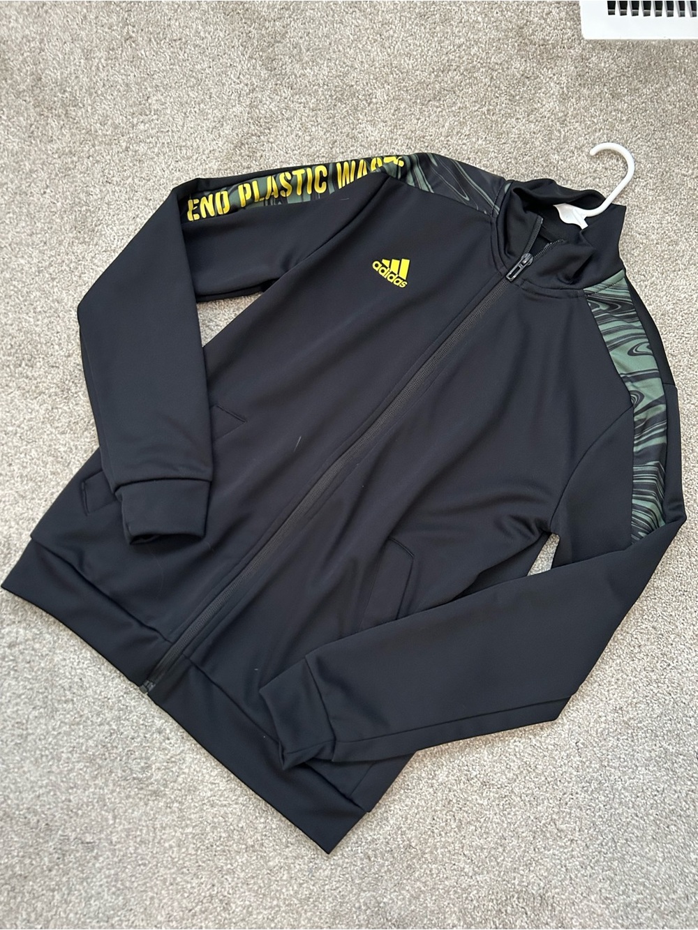Kid’s Adidas Black Track Jacket with Yellow Logo and Green Accent